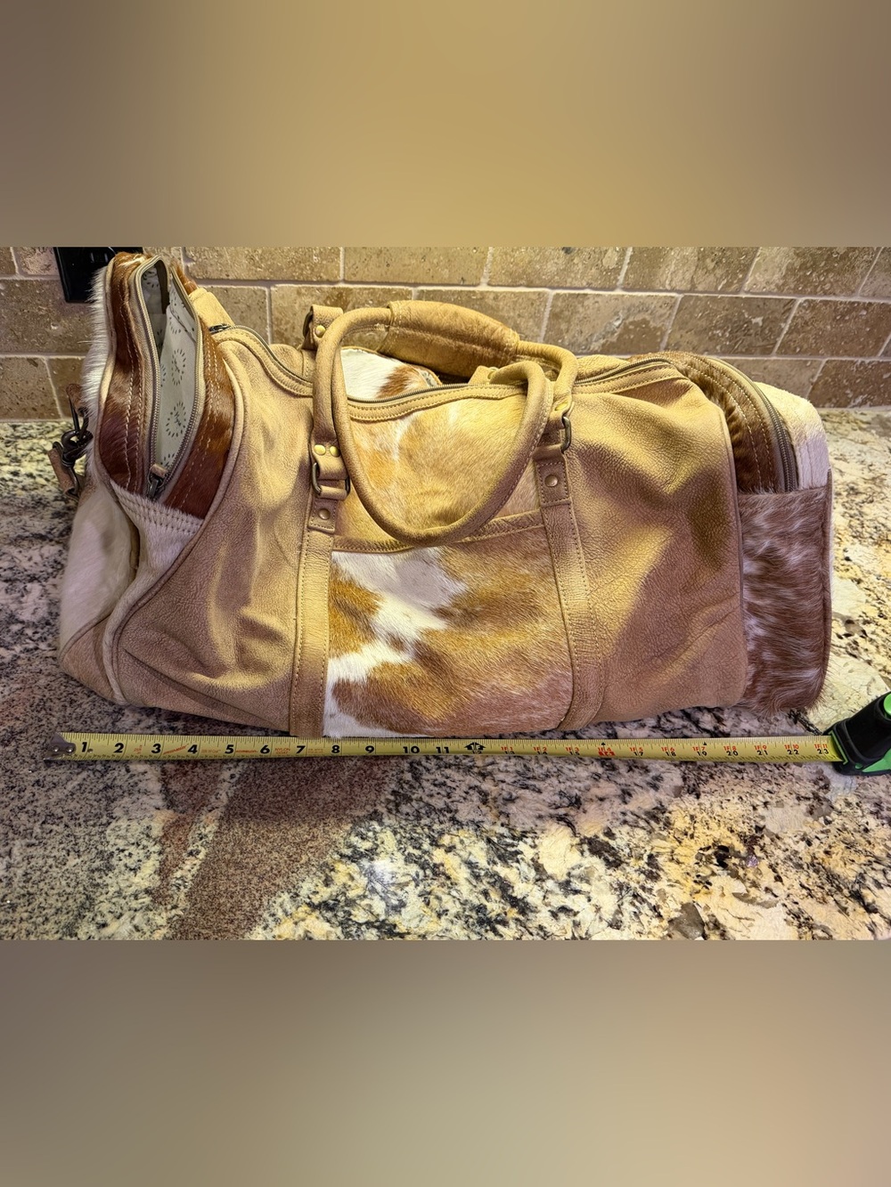 Myra Bag Tan Leather & Brown White Cowhide Weekender Bag - Picture 9 of 11